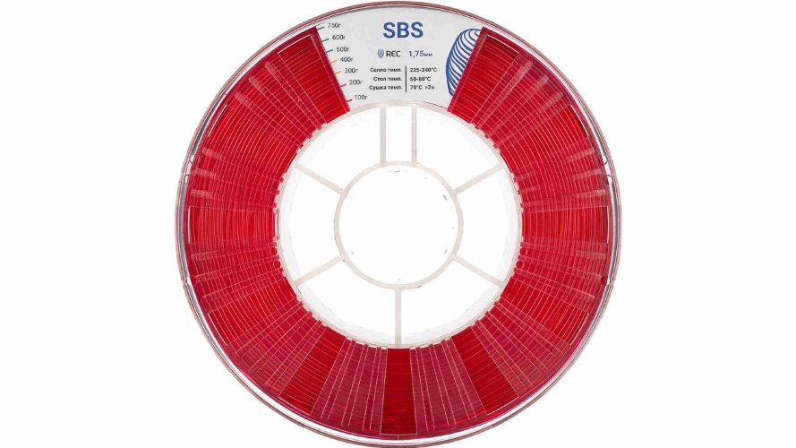 SBS пластик REC прозрачный красный 1,75 мм 0,75 кг